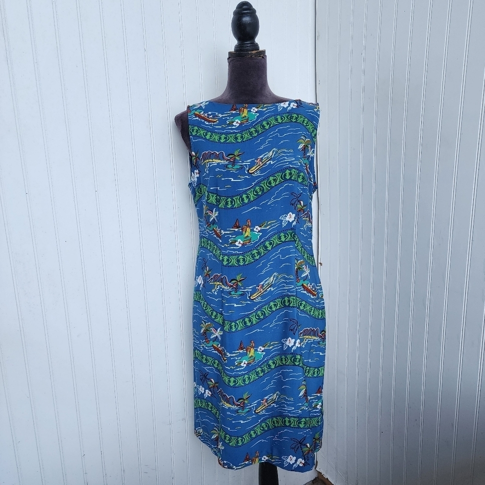 Sag Harbor Womens Sleeveless Dress Blue Hawaiian Knee Length Slit Zip Closure 14